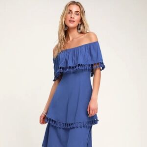 Pensacola Blue Off-the-Shoulder Tasseled Midi Dress